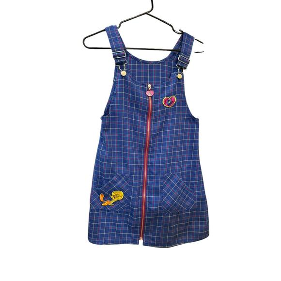 Looney Tunes Girls Tweety Plaid Overall Jumper Dress Size 10/12 Embroidered